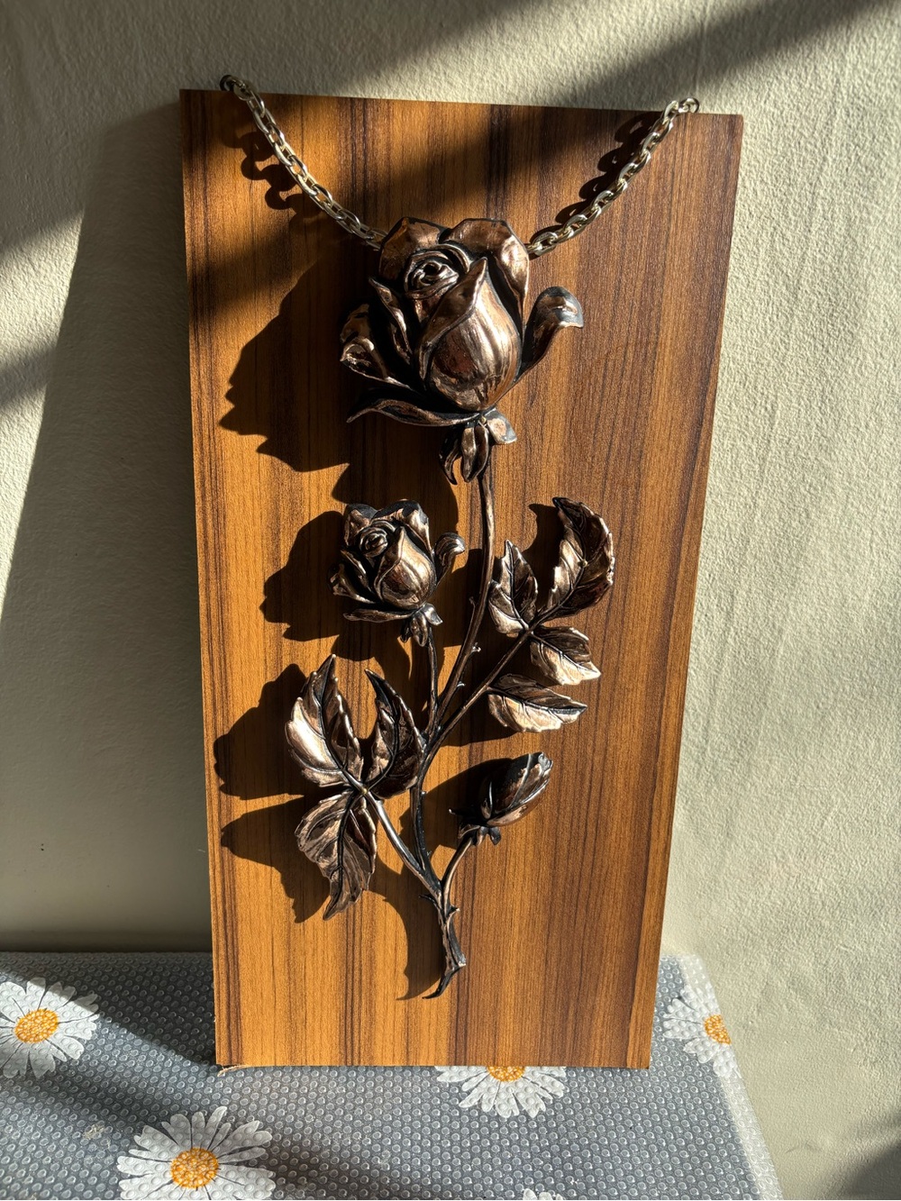 Vintage MCM A&F Wood & 3D Sculpted Copper Rose Wall Plaque